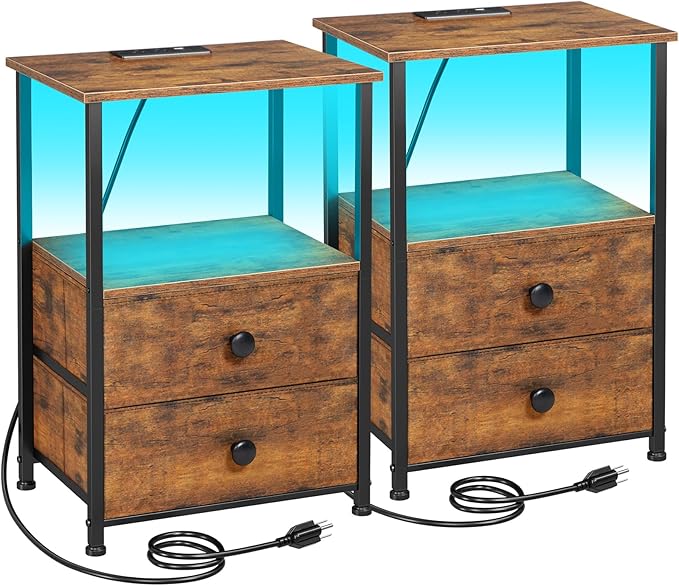 Night Stand Set 2, LED Nightstand with Charging Station, End Tables with Storage Shelf for Small Space, Bedside Table with 2 Fabric Drawers for Bedroom, Brown HETS02PQBR