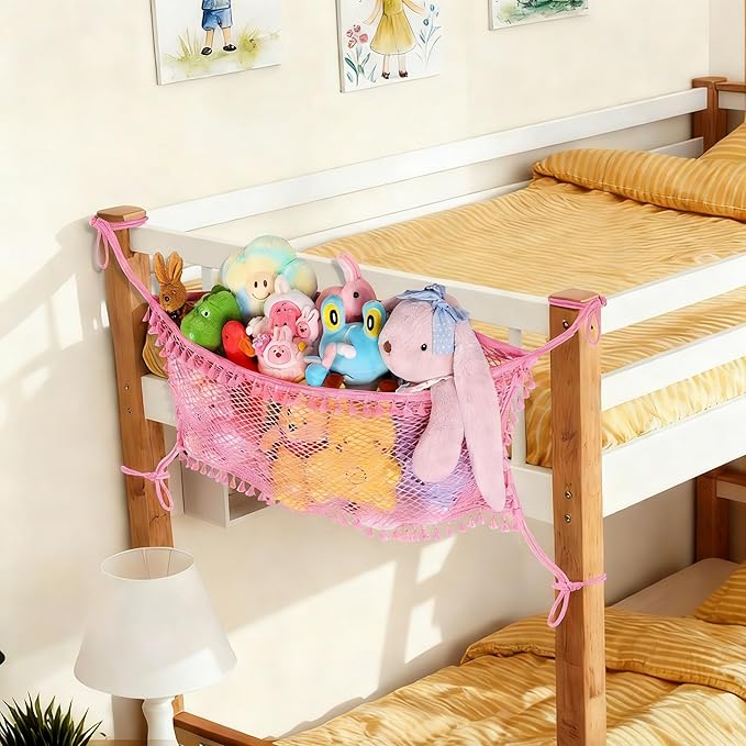 Stuffed Animal Storage Net, Large Bedside Toy Organizer Net, Cotton Plushie Toy Storage Hammock with Tether for Stuffed Animals Room Organization (Pink, 2 Pack)