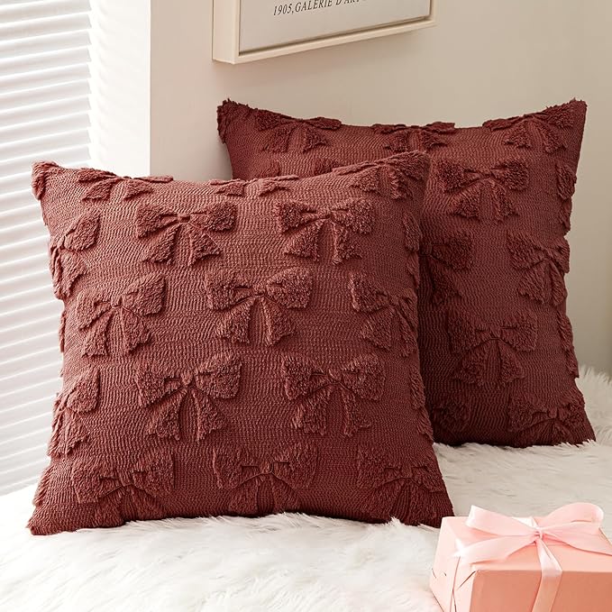 MIULEE Burgundy Bow Pillow Covers Coquette Room Decor Aesthetic Set of 2 Decorative Cute Girl Soft Plush Faux Pillowcase for Preppy Room Decor Bedroom Couch,18x18 Inch
