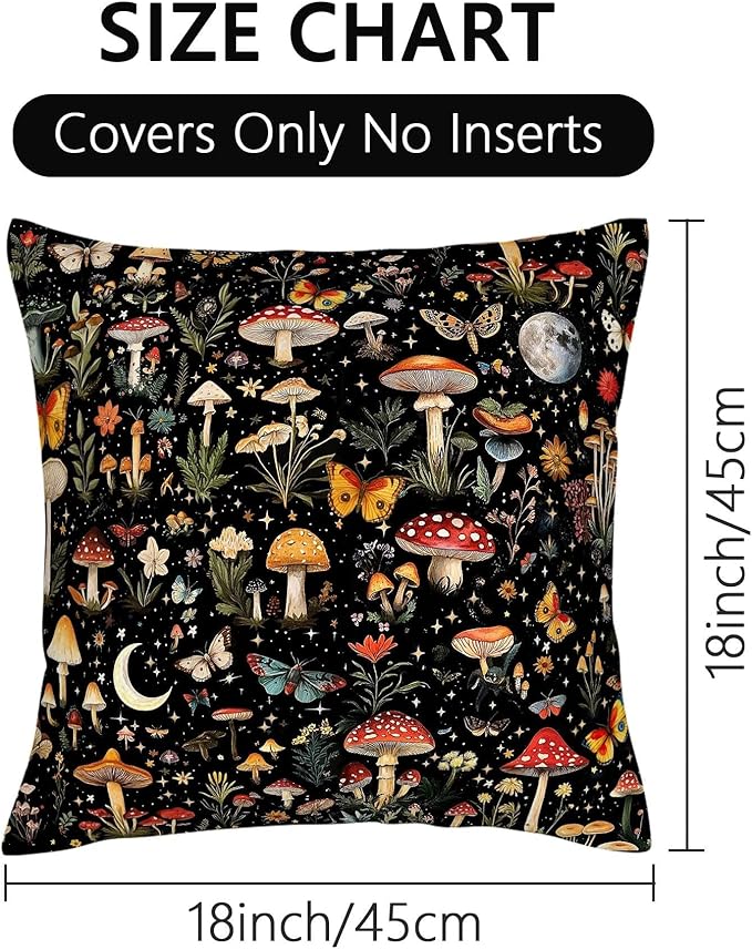 2 Pack Boho Mushroom Throw Pillows Covers 18x18 Inch, Black Witchy Pillow Cases for Couch Living Room Sofa Bedroom, Cute Mushroom Gifts for Witchy Lovers, Rustic Pillowcase Cushion Covers, Home Decor