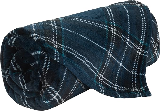 Elegant Comfort Luxury Velvety Feel Blanket, All-Season Lightweight Blanket, Ultra Plush, Soft, Cozy-Fuzzy Flannel Fleece for Couch, Sofa, Bed, Travel, Plaid Design, Full/Queen, Navy