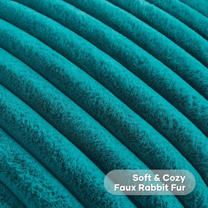 FUTEI Teal Green Decorative Throw Pillow Covers Set of 2, 26x26 Inch Soft Fluffy Faux Fur Plush Striped Euro Pillow Shams, Modern Home Decor for Couch Bed Living Room