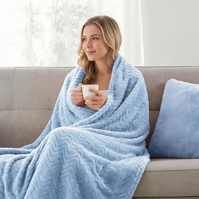 Exclusivo Mezcla Fleece Throw Blanket for Couch, Cozy Lightweight Blankets for All Season, Decorative Giftable Fuzzy Plush Wave Textured Throws for Women, Men, Light Blue, 50x70 Inches