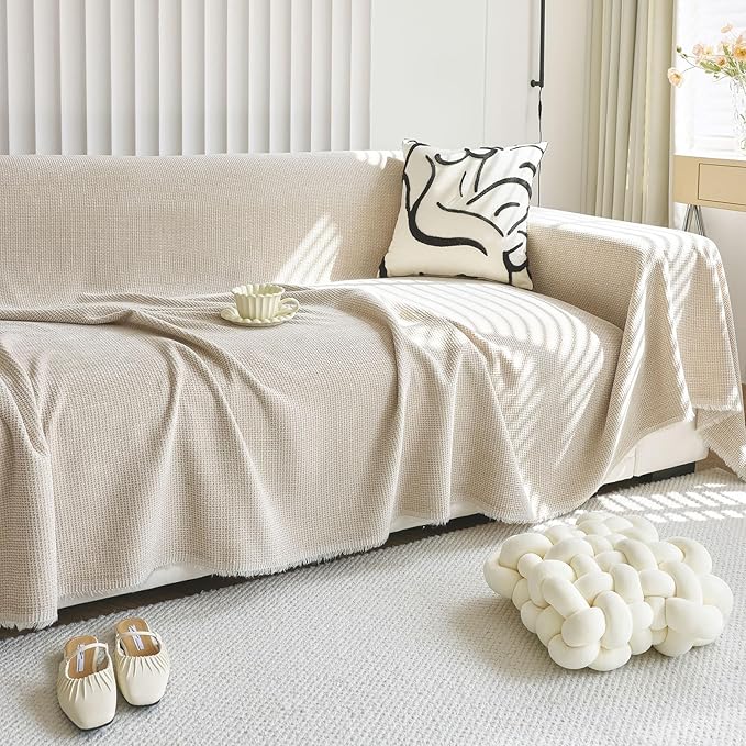 HANDONTIME Corduroy Sofa Covers for Kids Light Khaki Couch Slipcover Jacquard Sectional Couch Covers Cozy Couch Cover Couch Protector Chenille Sofa Covers Washable Couch Protector, 71" X118"