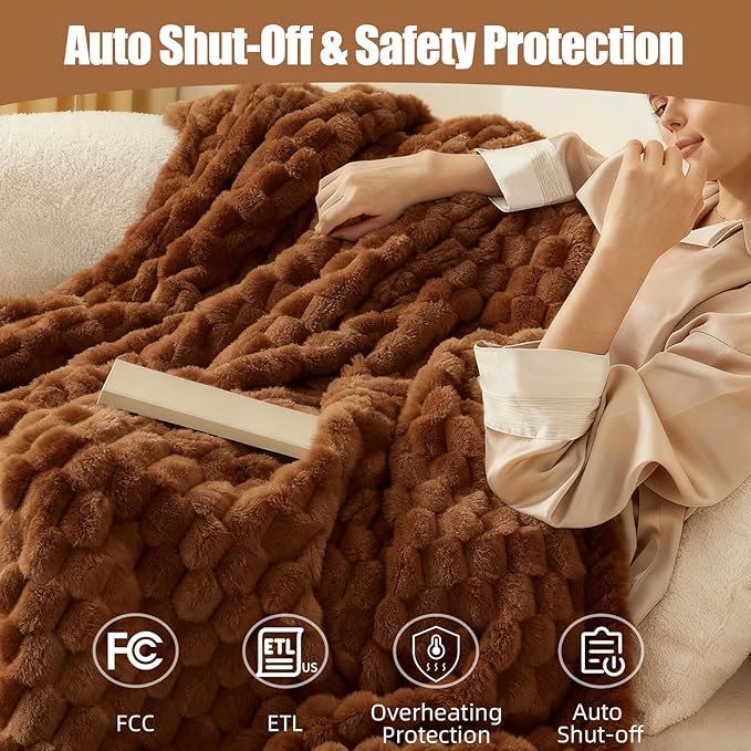 Heated Blanket Electric Blanket Heating, Dual Control Soft Ribbed Faux Fur Electric Blanket with 12 Heat Levels 12H Timer ETL FCC Certified Machine Washable (Camel, King Size - 90" x 100")