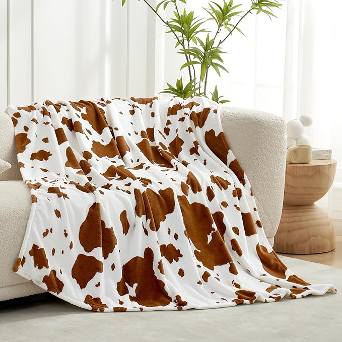 Cozy Bliss Cow Print Fuzzy Throw Blanket for Couch - Thick Soft Warm Non Shedding Fleece Blankets for Western Décor Room, for Kids, Women Men Girls, Brown 50"*60"