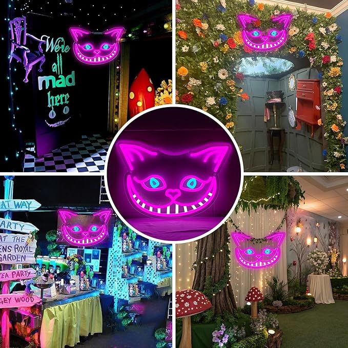 Cheshire Cat Neon Sign Alice in Wonderland Decor Light Up Sign,Smile Cat Neon Light for Wall Decor,Bedroom,Tea Party,Birthday Gifts,Bar Home Dorm Decorations