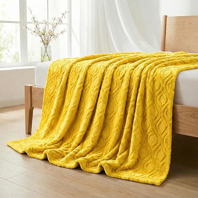 Horaldaily Solid Blanket Throw, Yellow Accent Farmhouse Neutral Square Euro Soft Fuzzy Plush Faux Fur Cozy Blankets for Couch Sofa Bed Lounging, Ideal Gifts for Kids Adults Wife Self, 50x60