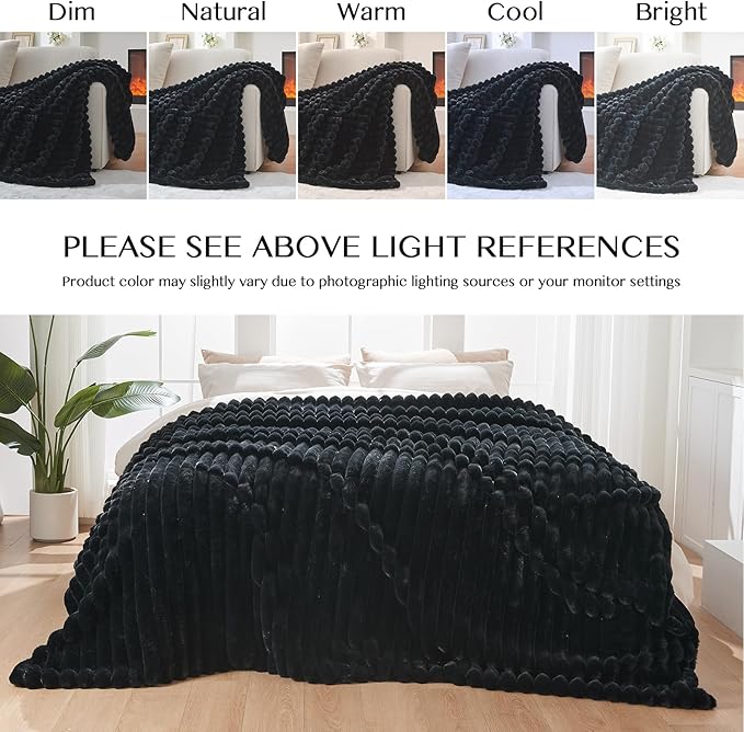 Lotus Karen Faux Fur Throw Blanket - Stripe Faux Rabbit Fur Blanket for Couch, Cozy Soft Fluffy Fuzzy Blanket, Warm Thick Furry Plush Shaggy Small Blankets for Women, Black,50x60 Inches