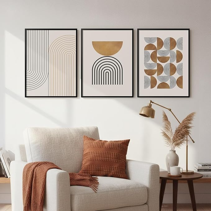 Framed Boho Wall Art for Bedroom, 3 Piece Modern Geometric Canvas Artwork for Walls, Neutral Minimalist Picture Prints for Living Room Dining Room Kitchen Hallway Wall Decor, 12x16 Inch