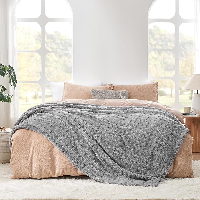 Cozy Bliss Ultrasoft Waffle Throw Blanket, Fluffy Cute Plush Blanket for Couch, Bed, Modern Home Accent, Portable for Picnic or Outdoor, Grey, 66"x90"