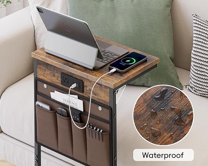 Vagusicc C Shaped End Table with Charging Station, 28" Tall Side Table for Couch, Sofa Table Small Couch Side Coffee Tables, Slide Under Sofa TV Tray Arm C Table for Living Room, Bedroom, Bedside