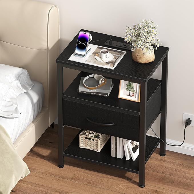 DUMOS Nightstand Set of 2 with Wireless Charging Station Bed Side Tables with Adjustable Fabric Drawers 3-Tier Storage End Tables Modern Design,Black