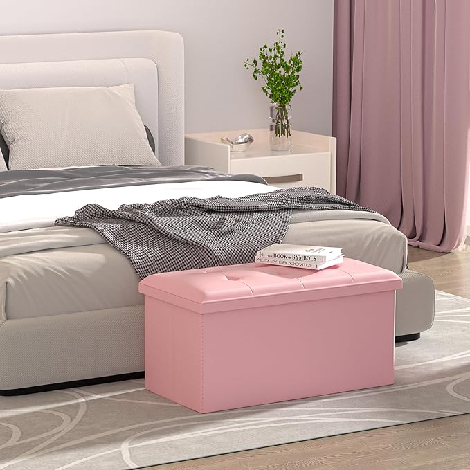 MoNiBloom 30 Inch Storage Ottoman Bench, 24 Gal. Folding Ottoman Footrest, End of Bed Bench, Rectangle Foot Stool, Supports 600 lbs, for Bedroom, Living Room, Entryway, Hallway, Light Pink