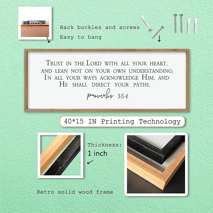 LuZhiQiang Christian Wall Decor Art Trust in the Lord With All Thine Heart Bible Verse Proverbs 3:5-6 Sign 40"×15" for Home Bedroom Church Scripture Large Wood Framed Hanging (Wood)