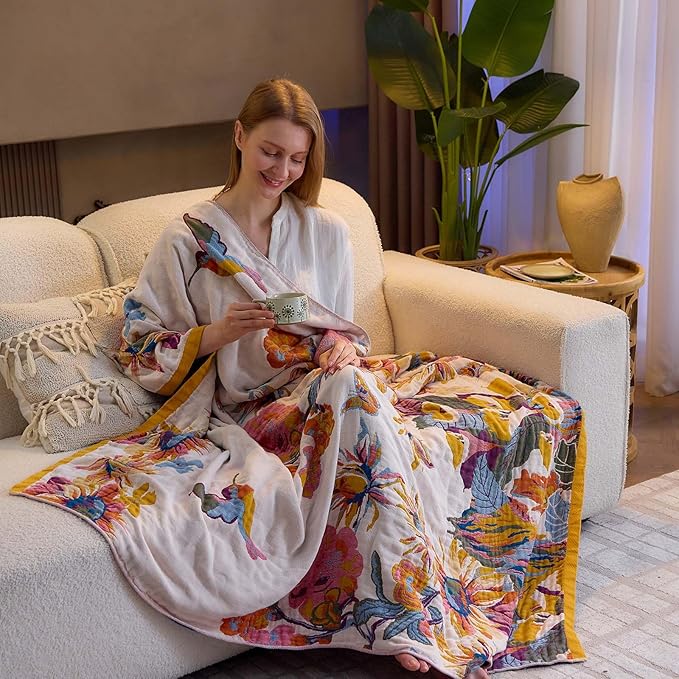 Boho Throw Blanket, 100% Cotton Ultra Soft Luxury Throw Rustic Quilt, 90"x98" Floral Bird Butterfly Farmhouse Decor Bed Blankets, All Season Rustic Reversible Bohemian Throw for Bed - Yellow