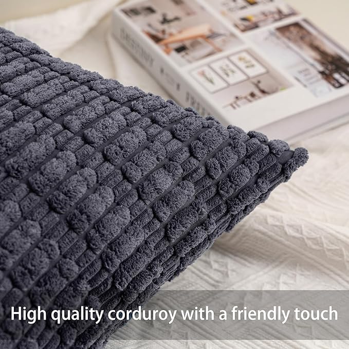 Aegero Pack of 2 Corduroy Decorative Throw Pillow Covers 12x24 Inch Soft Striped Pillow Covers Modern Farmhouse Home Decor for Sofa Living Room Couch Bed（Dark Grey）