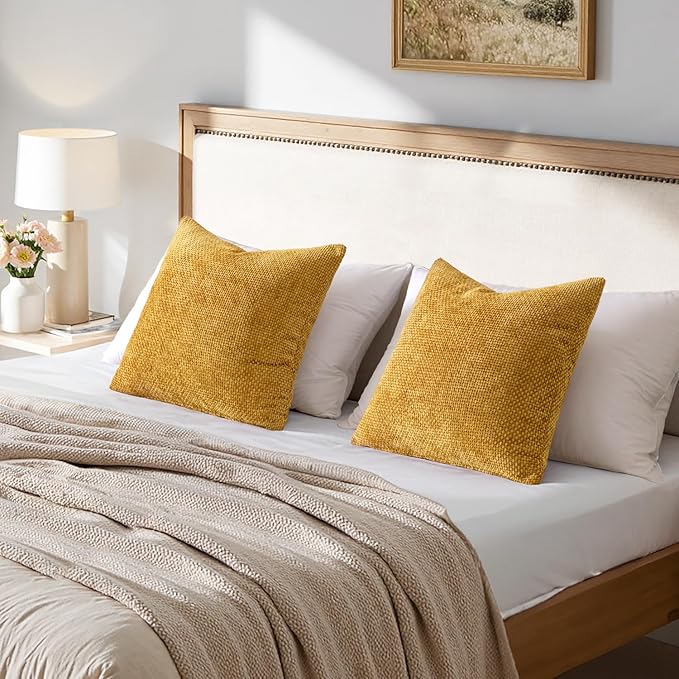 MIULEE Pack of 2 Gold Euro Sham Pillow Covers 24x24 Inch Mustard Yellow Summer Modern Boho Accent Decorative Throw Pillow Covers Soft Chenille Farmhouse Cushion Covers for Home Decor Couch Bed Sofa