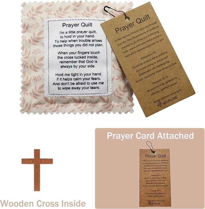 Mini Prayer Quilt with Cross Inside Vintage Pocket Scripture Prayer Quilt Squares Sympathy Christian Gifts for Women Pastor Appreciation Father's Day Graduates Gifts (Cream)
