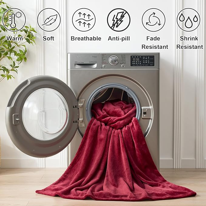 Hansleep Fleece Burgundy Red Queen Blanket, Super Soft Flannel Fuzzy Plush Cozy Blanket for All Seasons, Burgundy Red, Queen 90x90 Inches