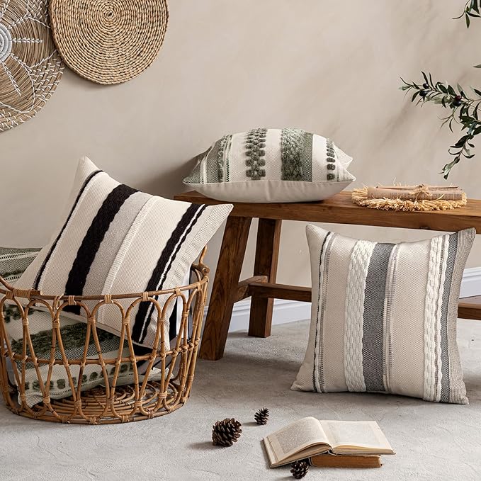ANRODUO Pack of 2 Boho Decorative Throw Pillow Covers 20x20 Farmhouse Cushion Case Striped Chenille Pillow Cases Square Pillow Covers Accent Neutral Pillowcase for Sofa Couch Bed, Black-White Stripe 2