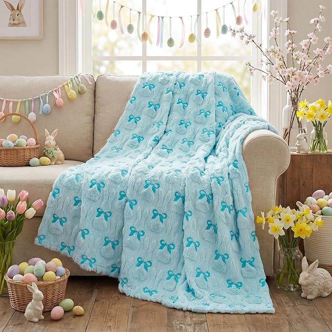 Horaldaily Easter Solid Blanket Throw, Blue Rabbits Bow Soft Fuzzy Plush Faux Fur Cozy Blankets for Couch Sofa Bed Lounging, Ideal Gifts for Kids Adults Wife Self, 60x80