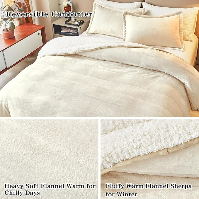 3-Layer Luxury Flannel Fleece Thick Bed Blanket Full Queen Size, Soft Plush Velvet Sherpa Blanket with 2 Pillow Shams Heavy Warm for Winter, Breathable n Washable, Cream White