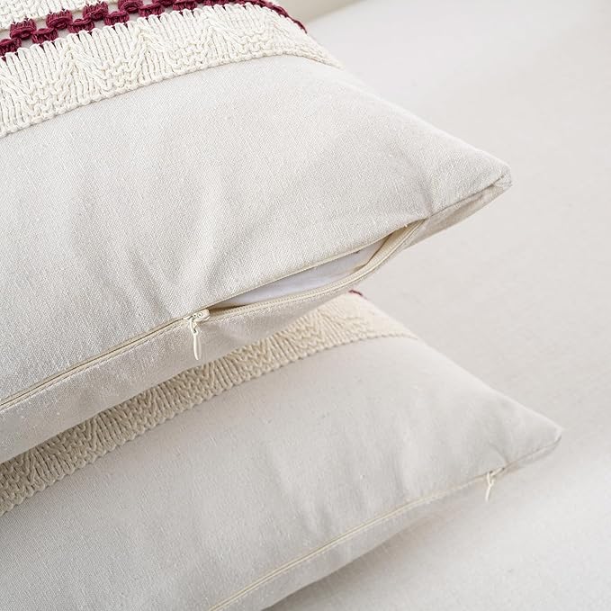 Fancy Homi Set of 2 Burgundy Boho Big Decorative Throw Pillow Covers 24x24 Inch for Couch Bed Sofa, Aesthetic Modern Farmhouse Christmas Room Decor, Soft Cotton Textured Wind Red Cushion Case
