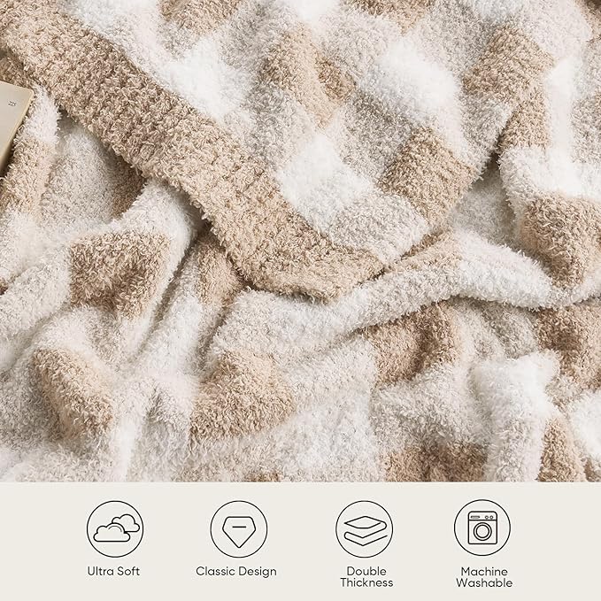 Snuggle Sac Queen Size Checkered Bedding Blanket Beige, Super Soft Warm Cozy Bed Blankets Oversized Fuzzy Plush Blankets for Bed, Bedroom, Plaid Beige, 90x90 inches