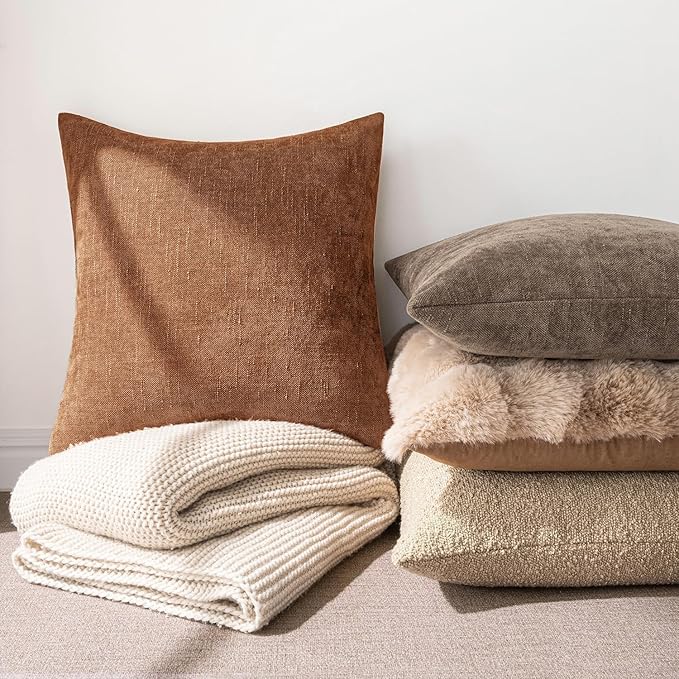 MIULEE Pack of 2 Decorative Throw Pillow Covers Soft Chenille Throw Pillows Solid Neutral Farmhouse Textured Cushion Covers Morden Home Decor for Couch Sofa Bedroom Living Room 20x20 Inch,Pecan Brown