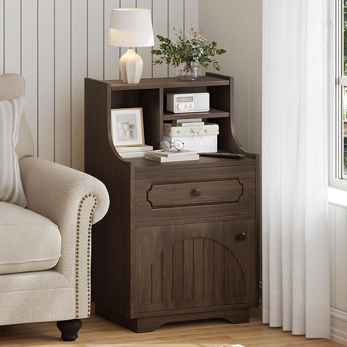 4ever2buy Farmhouse Night Stand with Storage Hutch for Bedroom Engineered Wood Bedside Table with Drawer 30.31 inch Tall Nightstand End Table Dark Oak