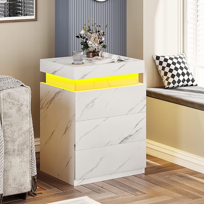 ADORNEVE Nightstand with Charging Station and LED Lights,Night Stand with Sliding Top for Bedroom,Bedside Table with Drawers,Modern End Side Table,White Marble
