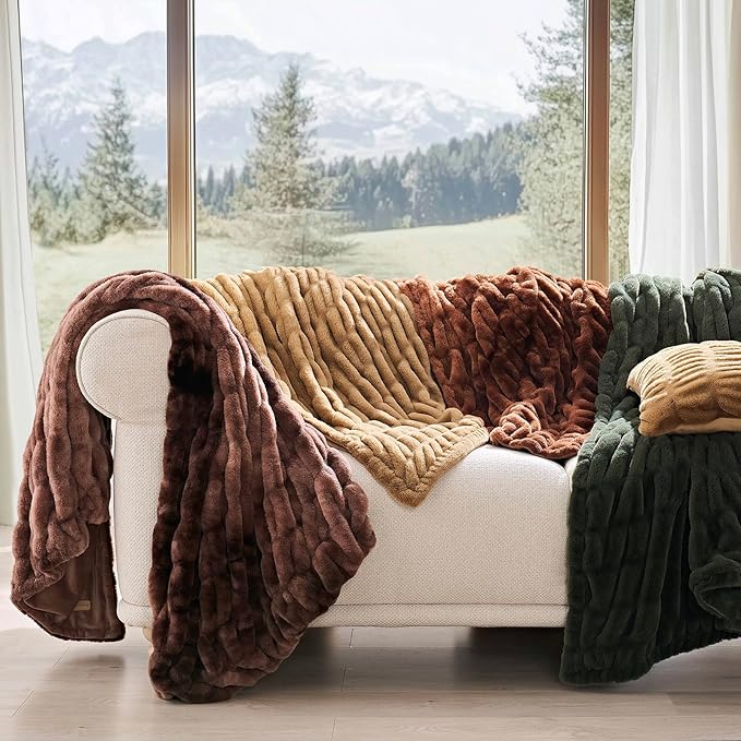 EVERGRACE Luxurious Soft Faux Rabbit Fur Throw Blanket, Cozy Fuzzy Plush Warm Throws for Couch Bed Sofa Chair Home Decor, Ruched Bubble Fluffy Blanket with Reversible Velvet, 50" x 60", Loden Green