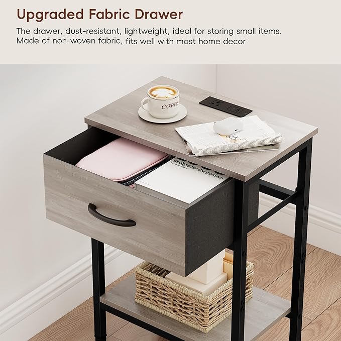 Vagusicc Nightstand Set of 2 with Charging Station, Bed Side Table with Fabric Drawer, Small End Table with 2-Tier Storage Shelves, 25.4" Tall Night Stand Bedside Table for Bedroom Living Room, Greige