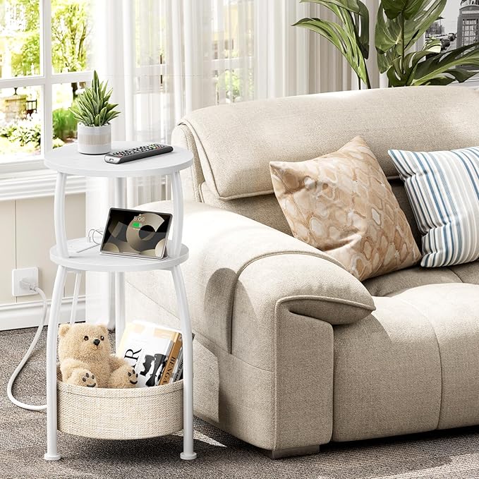 Round Side Table, 3-Tier End Table with Power Outlets, Small Table with Storage Basket, Coffee Table Sofa Side Table for Small Spaces, Nightstand for Living Room Bedroom 11.81in Matte White