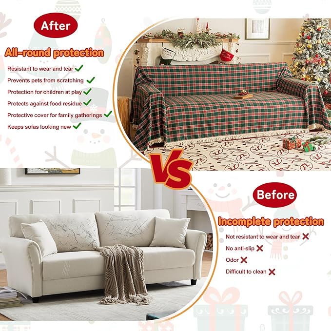 HANDONTIME Christmas Buffalo Plaid Couch Cover Checkered Sofa Covers Christmas Decorations Green and Red Grid 3 Seater Couch Cover for Farmhouse Home Decor Couch Protector for Dogs, 71"x 134"