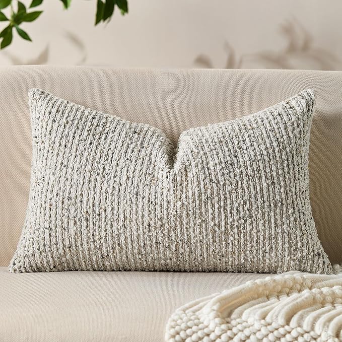 Allorry Decorative Lumbar Pillow Cover 12x20 Cream Gray Striped Soft Wool Lumbar Throw Pillow Neutral Textured Boho Cushion Covers for Modern Farmhouse Sofa Bedroom Living Room Decor SY011-B12