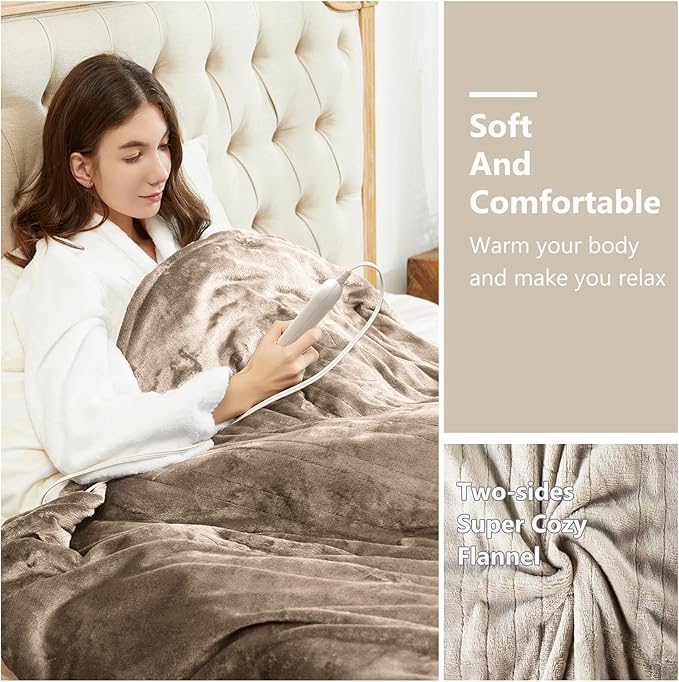 Tefici Electric Heated Blanket Queen Size, Dual Control Super Cozy Soft 2-Layer Flannel 84" x90" Heating Blanket with 3 Heat Levels & 8 Hours Auto Off,ETL&FCC Certified,Home Office Use,Camel