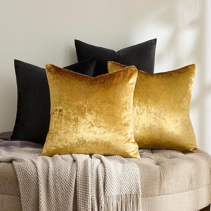 GIGIZAZA Pack of 4 Black Gold Pillow Covers,16x16 Velvet Throw Pillows Soft Covers Decorative Luxury Couch Square Pillow Covers Modern Living Room Cushion Covers