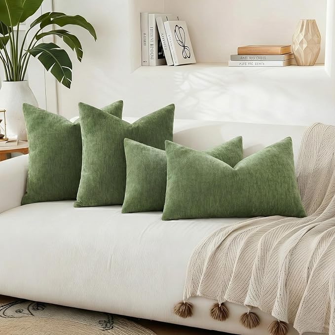 decorUhome Chenille Olive Green Throw Pillow Covers 22x22 Inch Set of 2, Decorative Soft Couch Pillow Covers Solid Dyed Accent Farmhouse Neutral Square Pillow Cases for Sofa