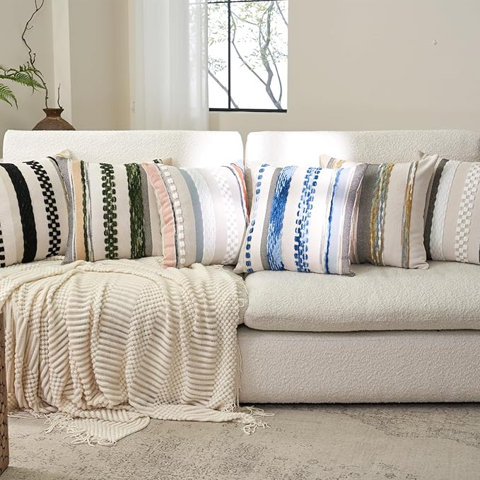 Aeckself Boho Throw Pillow Covers 18x18 Inch Set of 2, Farmhouse Decorative Striped Square Pillow Covers Chenille Tufted Pillow Cases Accent Neutral Pillowcase for Living Room Couch Bed, Yellow-Gray