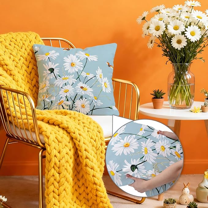 Hexagram Summer Spring Pillow Covers 18x18 Set of 4, Floral Daisy Outdoor Decorative Throw Pillow Covers, Blue Farmhouse Cushion Case for Couch Sofa Living Room Bedroom Home Indoor Decor(No Insert)