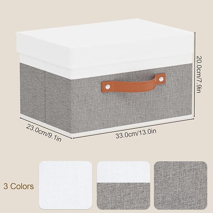 Storage Baskets with Lids, Closet Organizer Boxes, Foldable Shelves Storage Bins with Handles, White and Grey, 3 Pack, 13 x 9.1 x 7.9 Inch