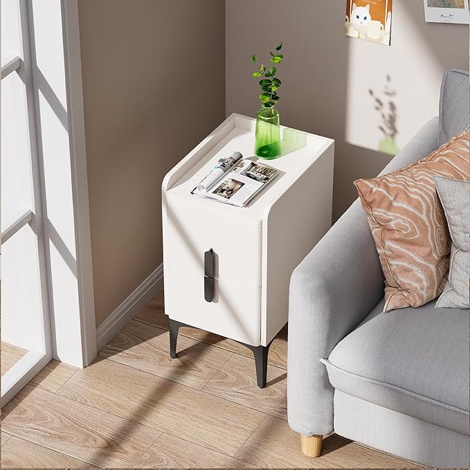 VICITON Narrow Nightstand with 2 Drawers, Narrow Side Table Leather Surface, Slim Bedside Table for Bedrooms, Dormitories, Living Rooms (Cream White, 15.7" D x 11.8" W x 22.4" H)