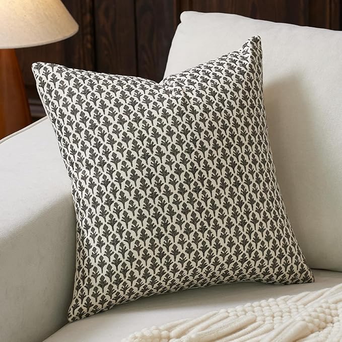 FIOUOVO Floral Pillow Covers 20x20 Pillow Cover Block Print Couch Pillows for Living Room Decorative Neutral Accent Throw Pillow Covers, 1PC, Charcoal Black
