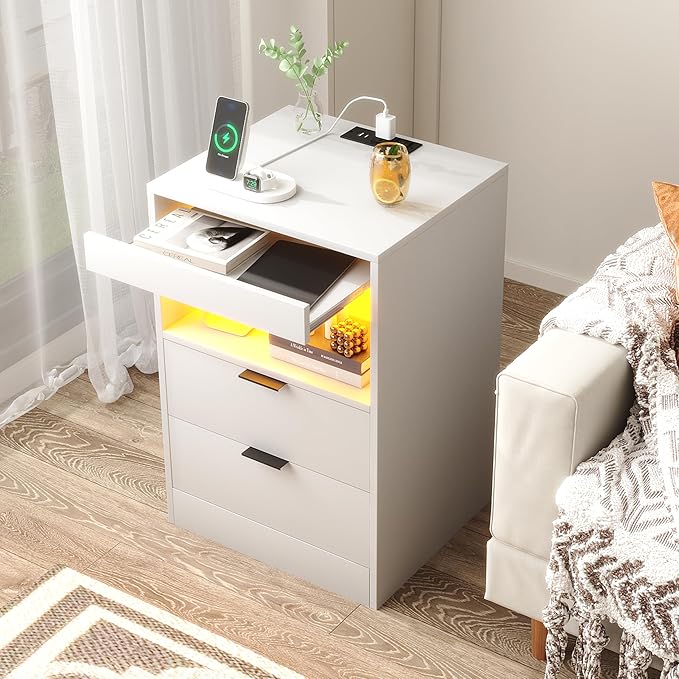 Yusong Night Stand, Bedside Table, LED Nightstand with Charging Station, Modern Night Stand, Wood Sofa Couch End Side Table with 2 Pull-Out Shelf, White