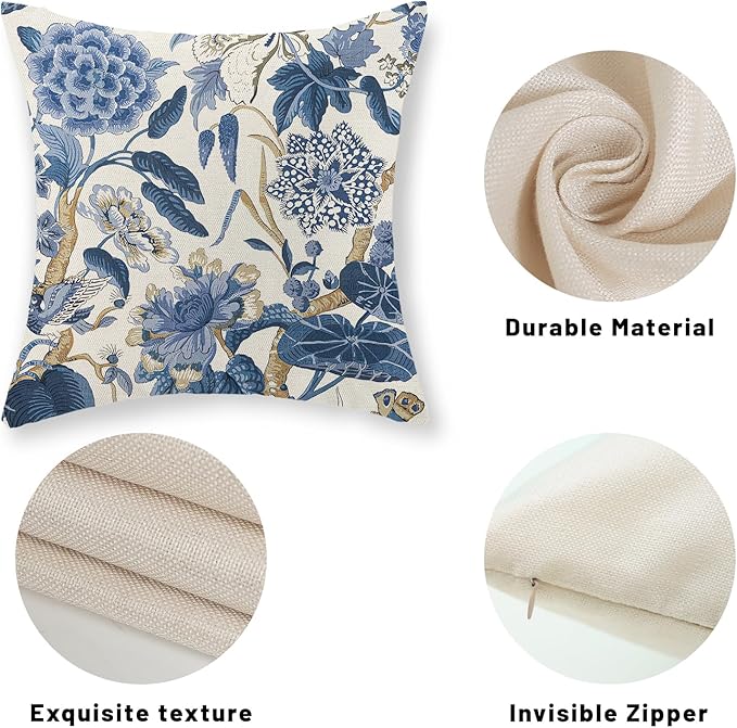 Blue Pillow Covers 16x16 Inch Set of 2 Vintage Blue Floral Throw Pillows Chinoiserie Flower Decorative Pillow Cases Outdoor Linen Farmhouse Cushion Cover for Couch Home Sofa Bed Decorations