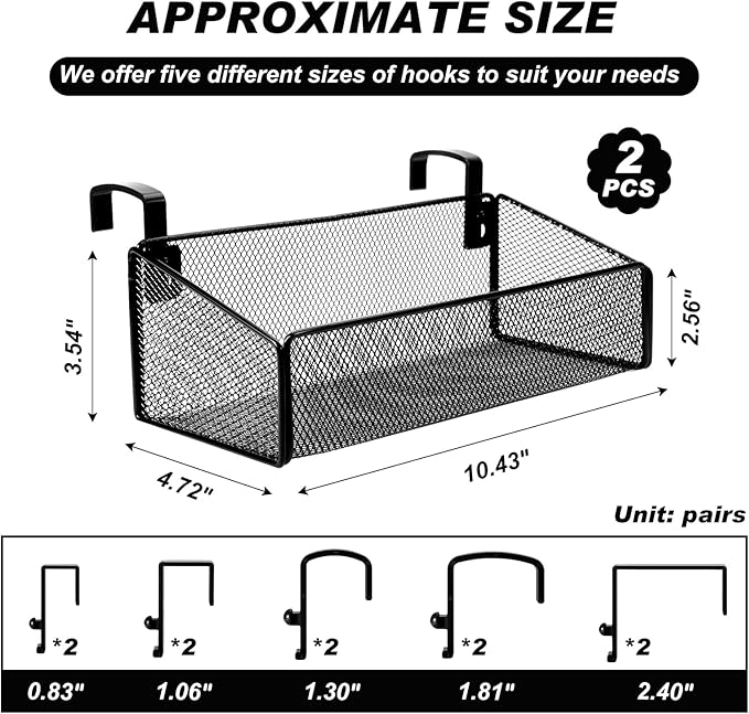 Zubebe 2 Pieces Bedside Shelf for Bed with 10 Pairs Hooks Bunk Bed Shelf for Top Bunk Bedside Caddy Hanging Storage Basket Black Metal Organizer for Book Phones Drinks College Dorm Home Office Desk