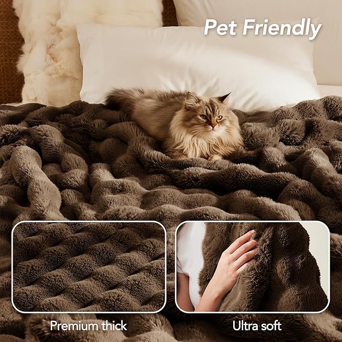 L'AGRATY Faux Rabbit Fur Blanket: 50" x 60" Luxury Soft Fluffy Thick Fur Throw Blanket for Couch Bed Sofa - Cozy Plush Bubble Blankets for Winter: Warm Flannel Fleece Decorative Blanket(Cocoa Brown)