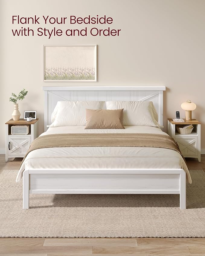 VASAGLE LIRY Collection - Farmhouse Nightstand with Barn Door, Bedside Table with Storage, Side End Table, Night Stand, Open Compartment, for Bedroom, Rustic White and Honey Brown ULET609K41